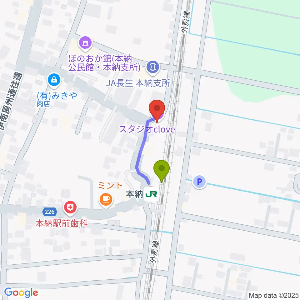 Studio Cloveの最寄駅本納駅からの徒歩ルート（約2分）地図