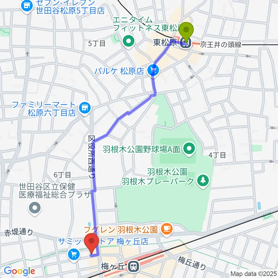 東松原駅から弦遊亭へのルートマップ地図