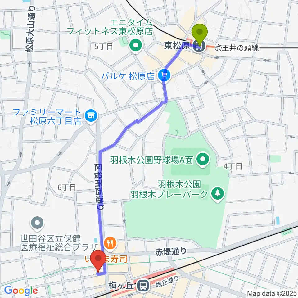 東松原駅から弦遊亭へのルートマップ地図