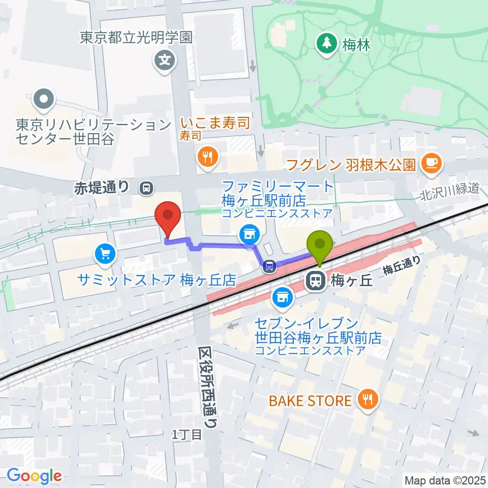 弦遊亭の最寄駅梅ヶ丘駅からの徒歩ルート（約2分）地図