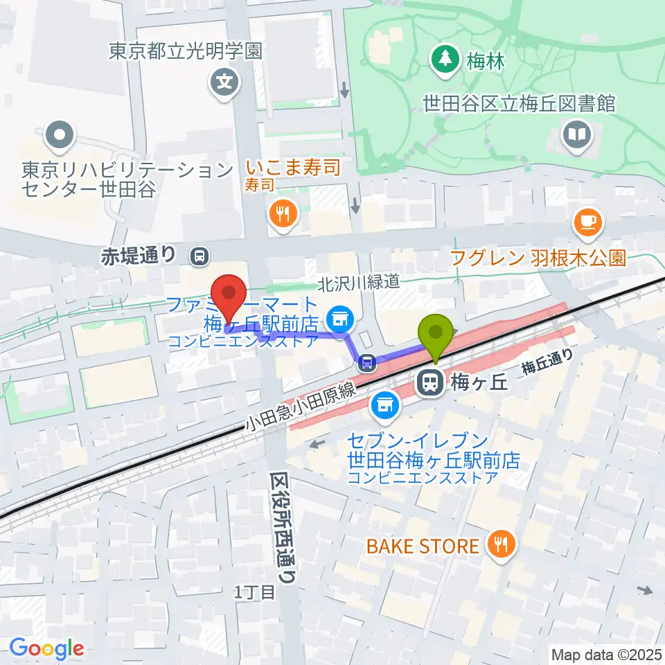 弦遊亭の最寄駅梅ヶ丘駅からの徒歩ルート（約2分）地図