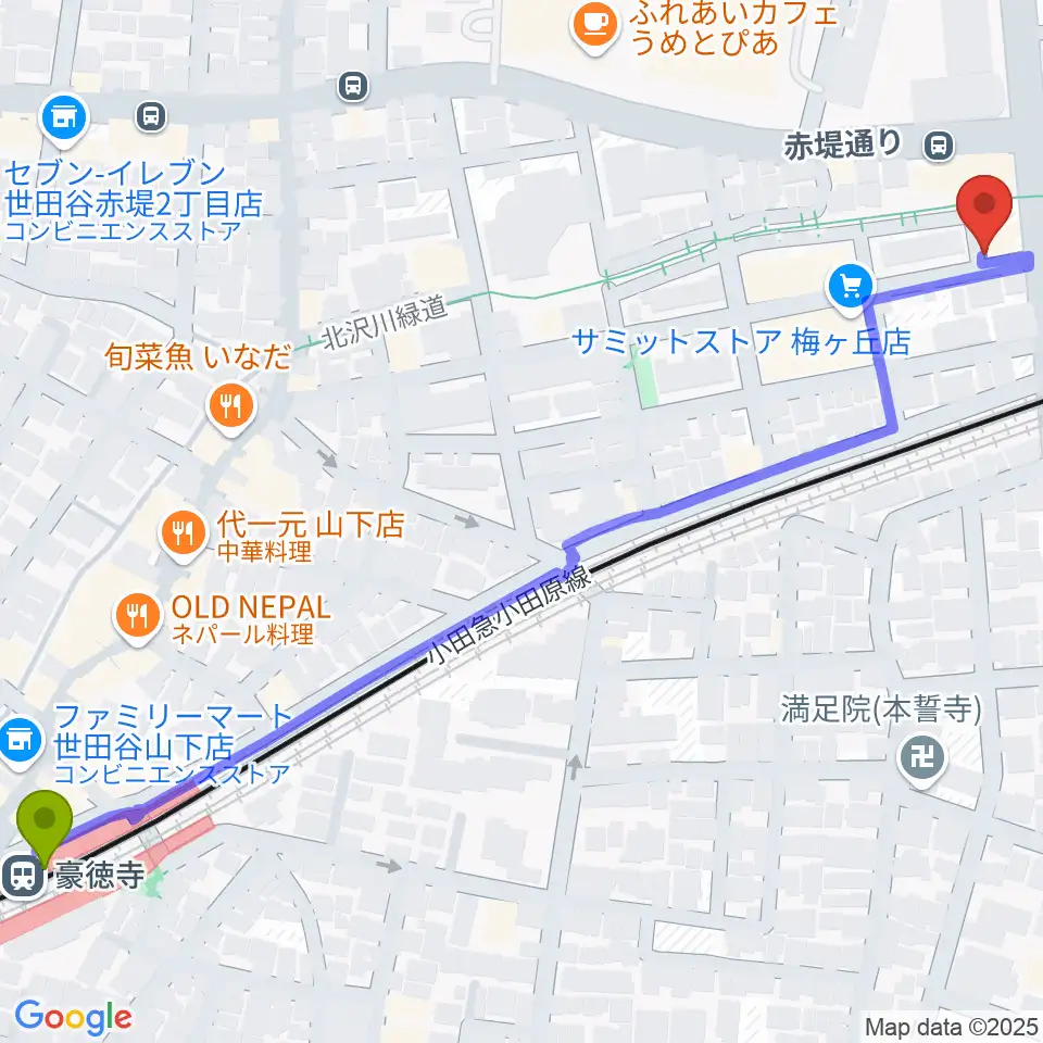 豪徳寺駅から弦遊亭へのルートマップ地図