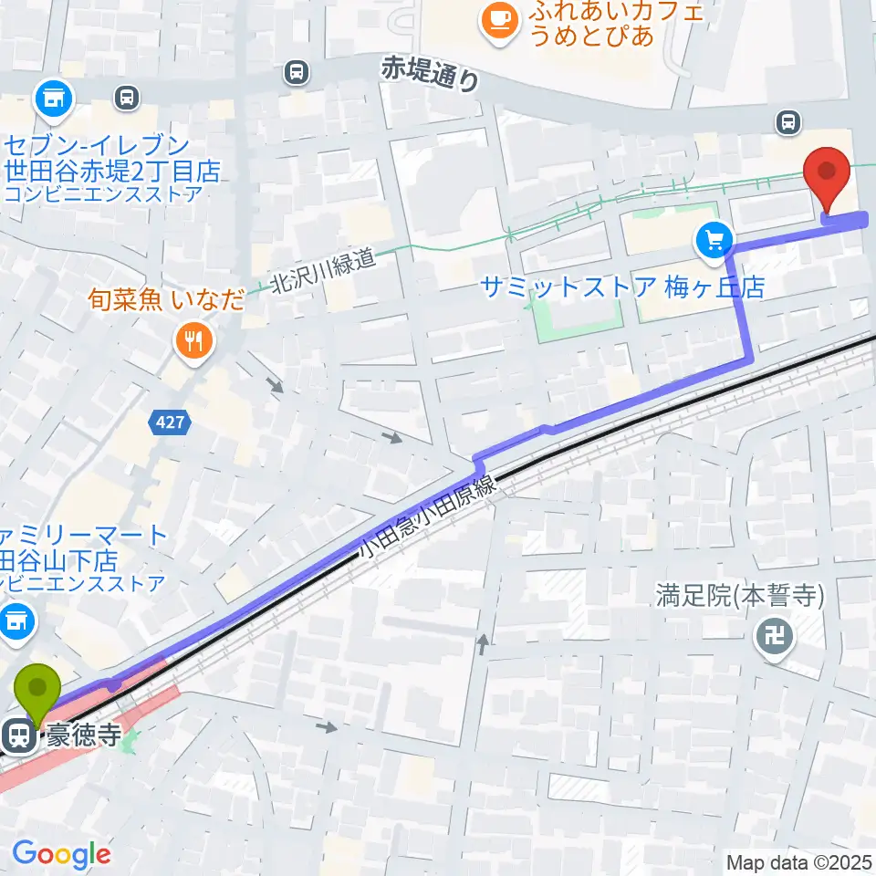 豪徳寺駅から弦遊亭へのルートマップ地図