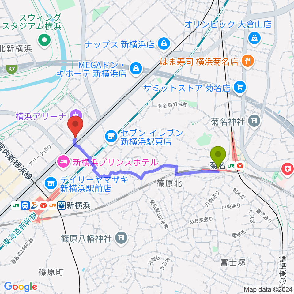 菊名駅からMugic Piano Studio新横浜へのルートマップ地図