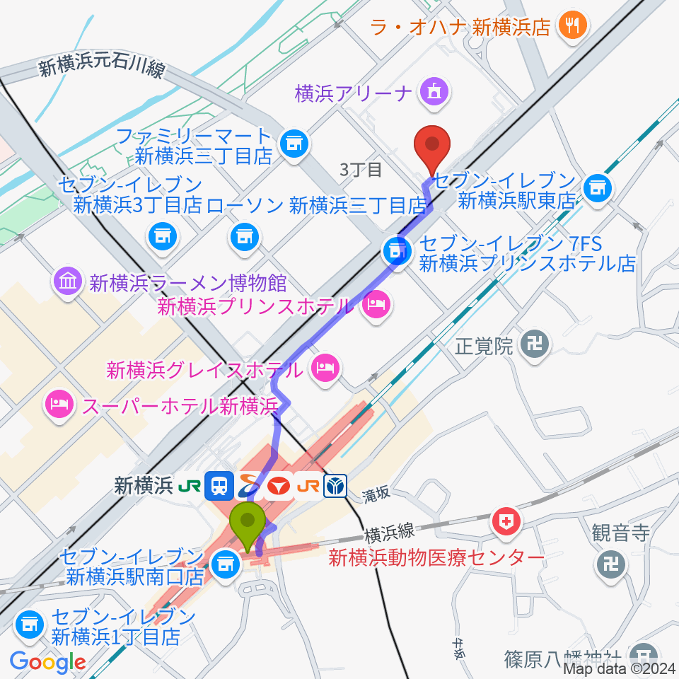 Mugic Piano Studio新横浜の最寄駅新横浜駅からの徒歩ルート（約10分）地図