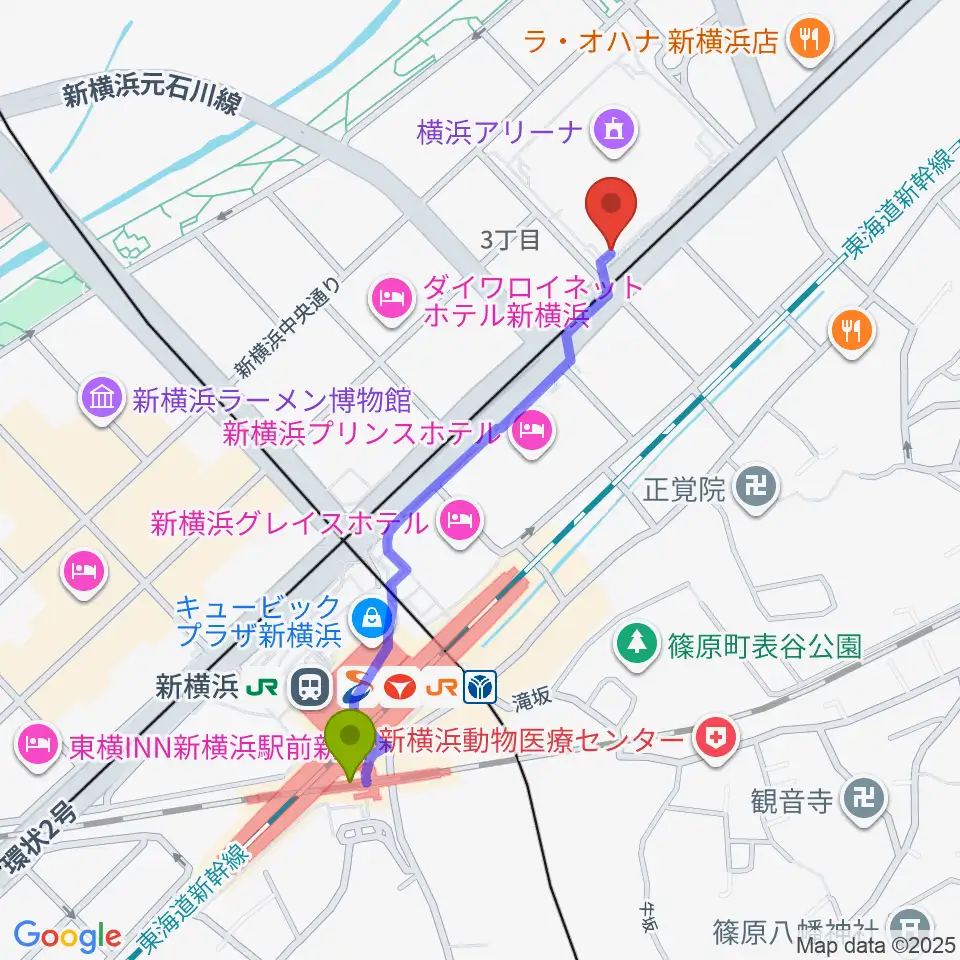 Mugic Piano Studio新横浜の最寄駅新横浜駅からの徒歩ルート（約10分）地図