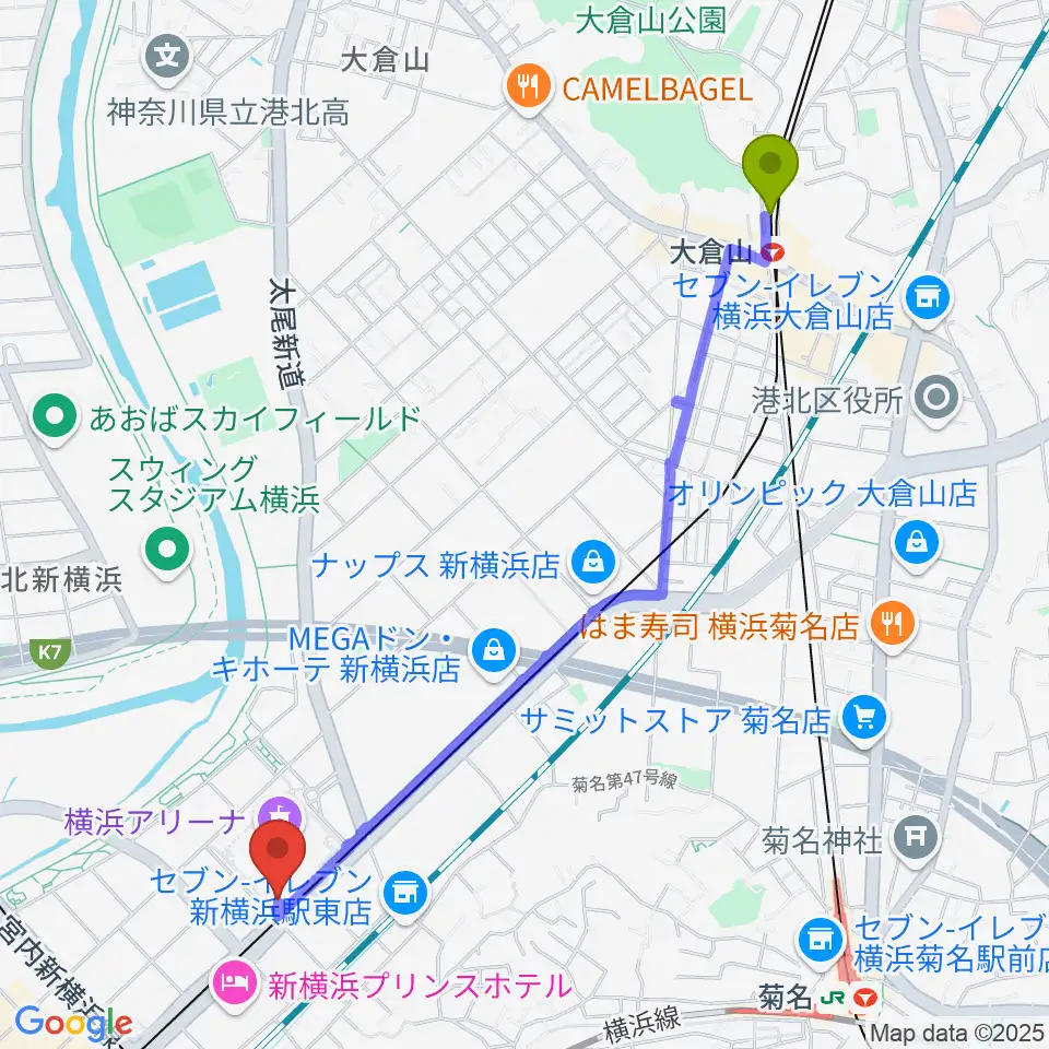 大倉山駅からMugic Piano Studio新横浜へのルートマップ地図