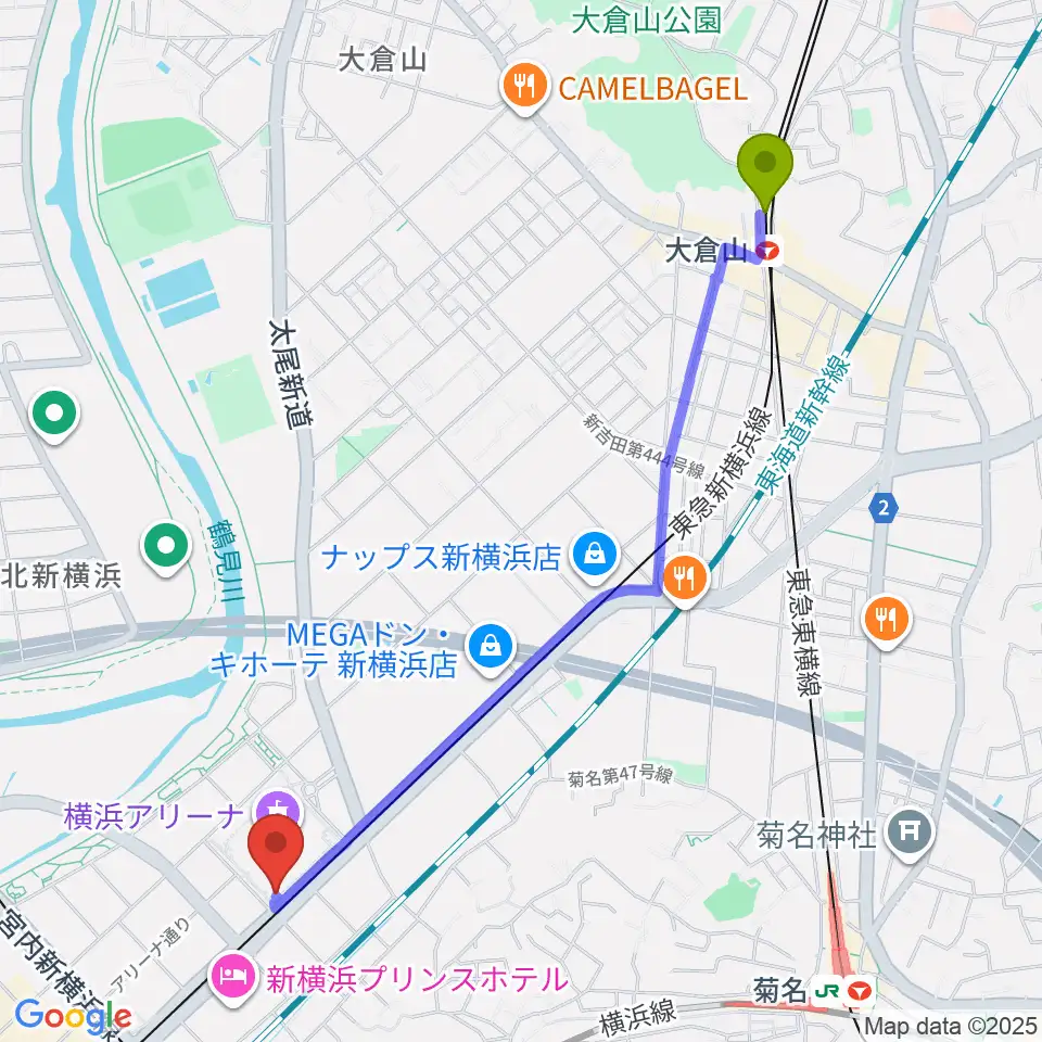大倉山駅からMugic Piano Studio新横浜へのルートマップ地図