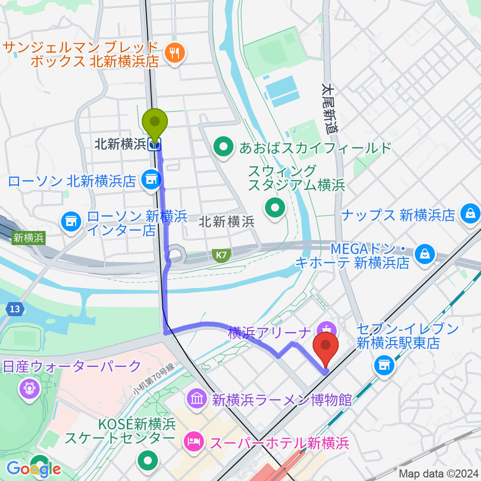 北新横浜駅からMugic Piano Studio新横浜へのルートマップ地図