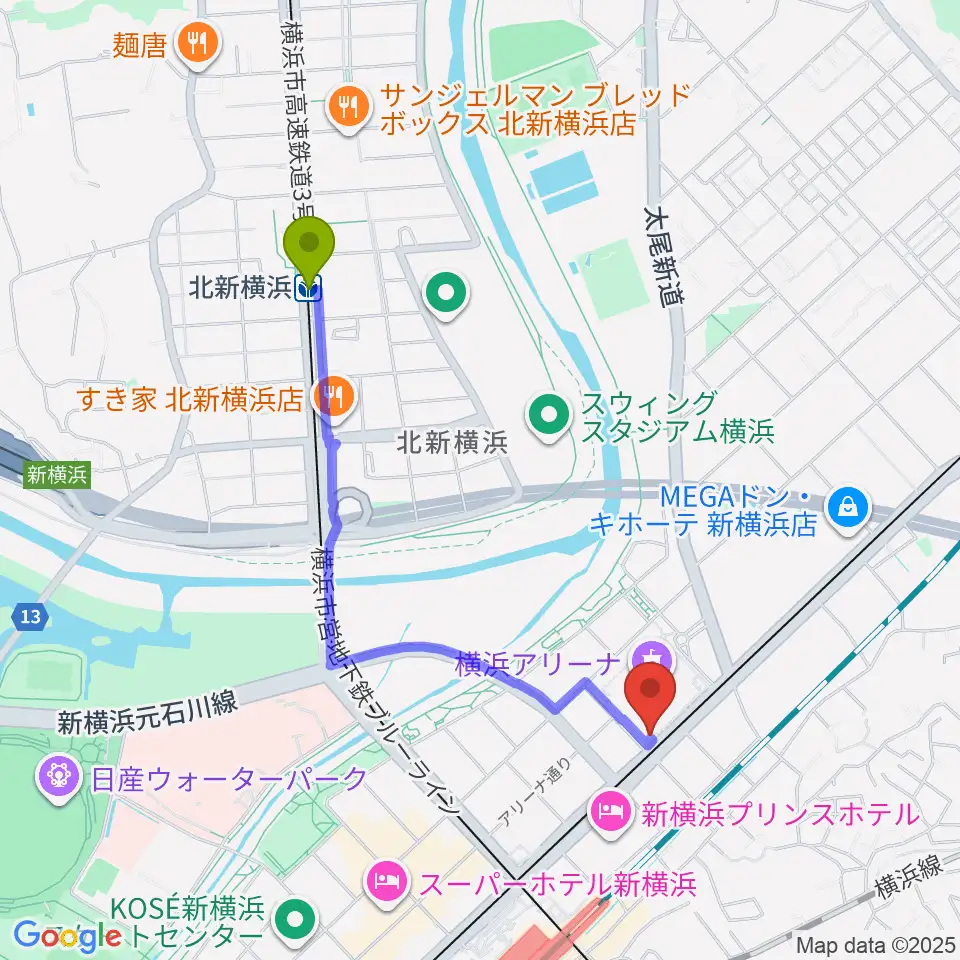 北新横浜駅からMugic Piano Studio新横浜へのルートマップ地図