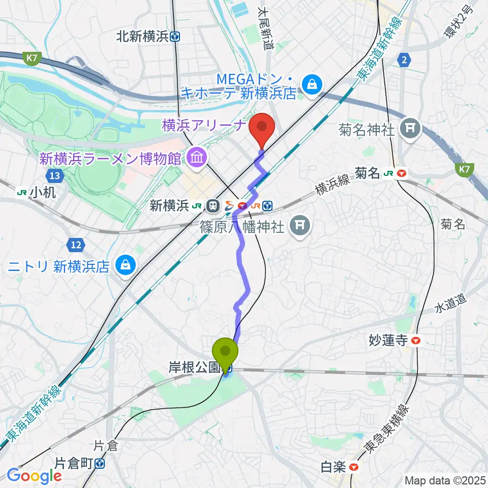 岸根公園駅からMugic Piano Studio新横浜へのルートマップ地図