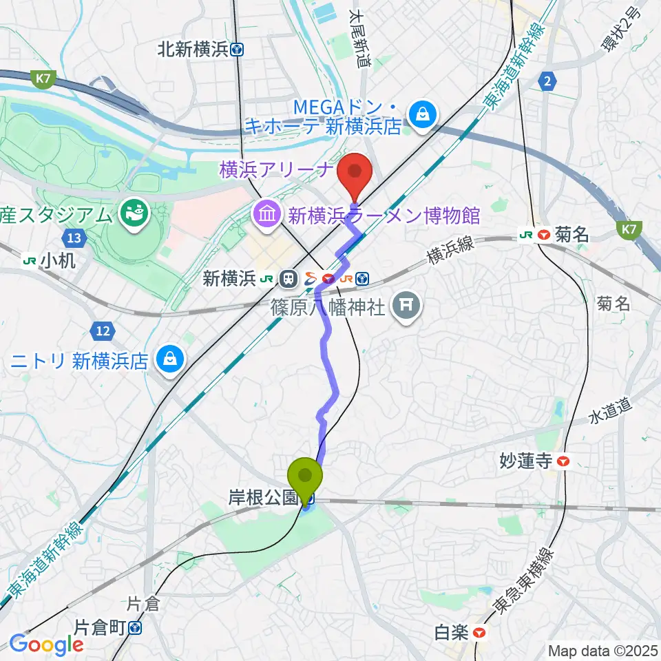 岸根公園駅からMugic Piano Studio新横浜へのルートマップ地図