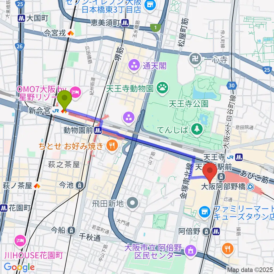 新今宮駅から阿倍野ROCKTOWNへのルートマップ地図