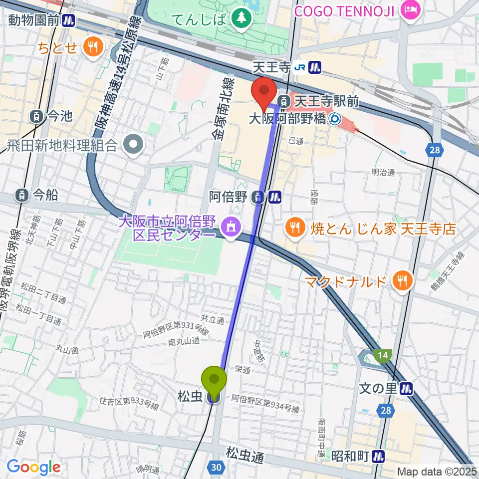 松虫駅から阿倍野ROCKTOWNへのルートマップ地図