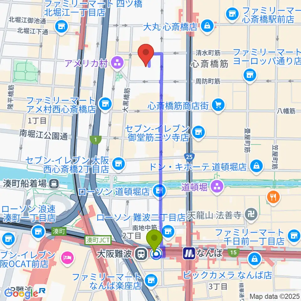 大阪難波駅から心斎橋BIGCATへのルートマップ地図