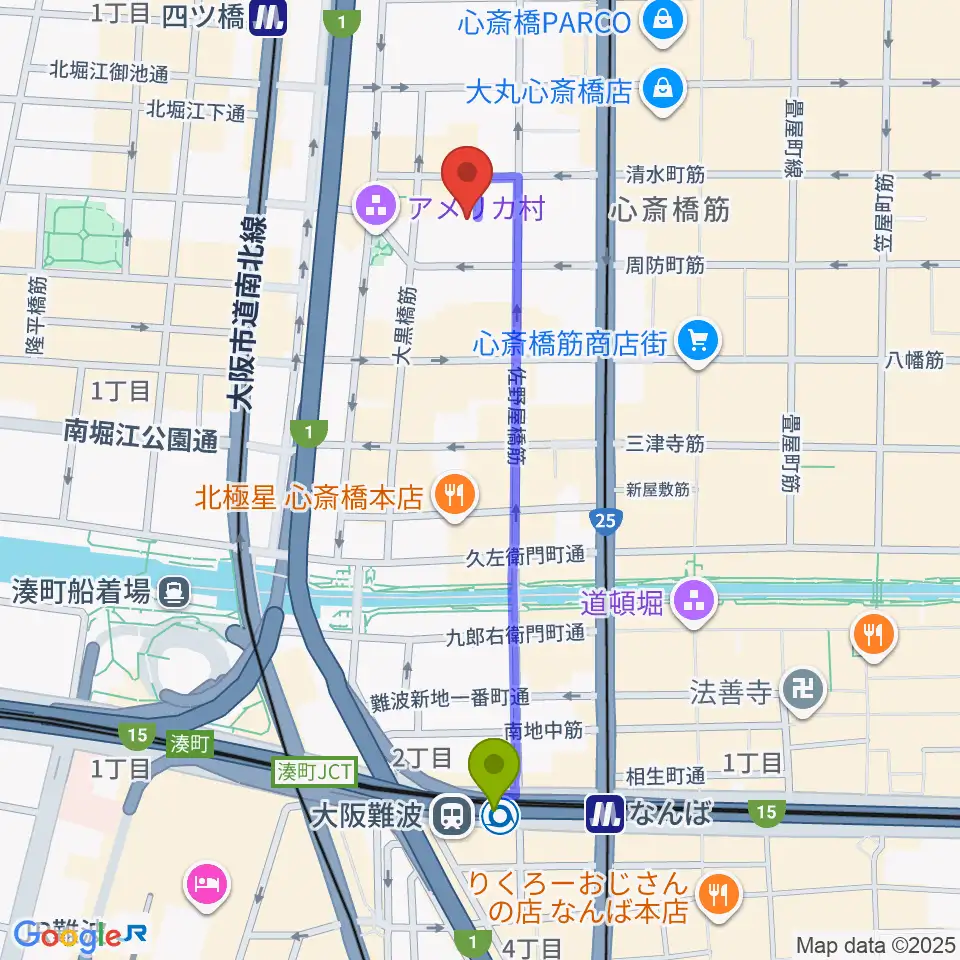 大阪難波駅から心斎橋BIGCATへのルートマップ地図