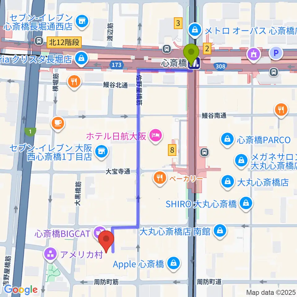 心斎橋駅から心斎橋BIGCATへのルートマップ地図