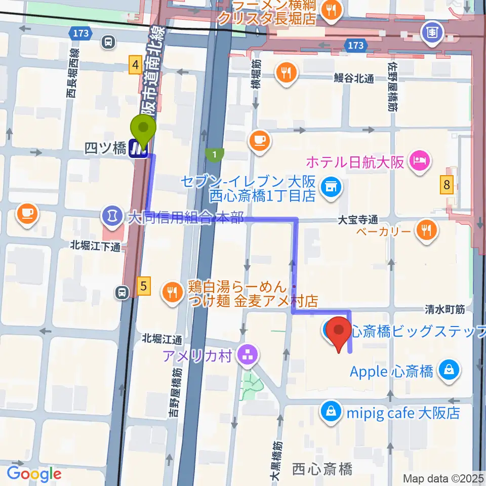 心斎橋BIGCATの最寄駅四ツ橋駅からの徒歩ルート（約5分）地図