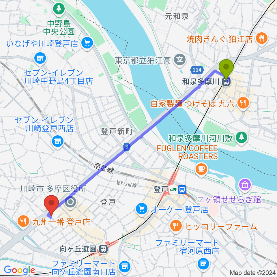 和泉多摩川駅からSOUND STUDIO OTAへのルートマップ地図