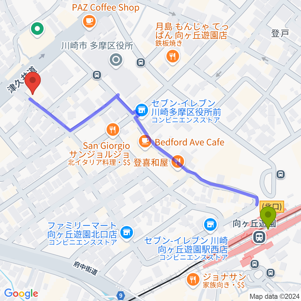 SOUND STUDIO OTAの最寄駅向ヶ丘遊園駅からの徒歩ルート（約7分）地図