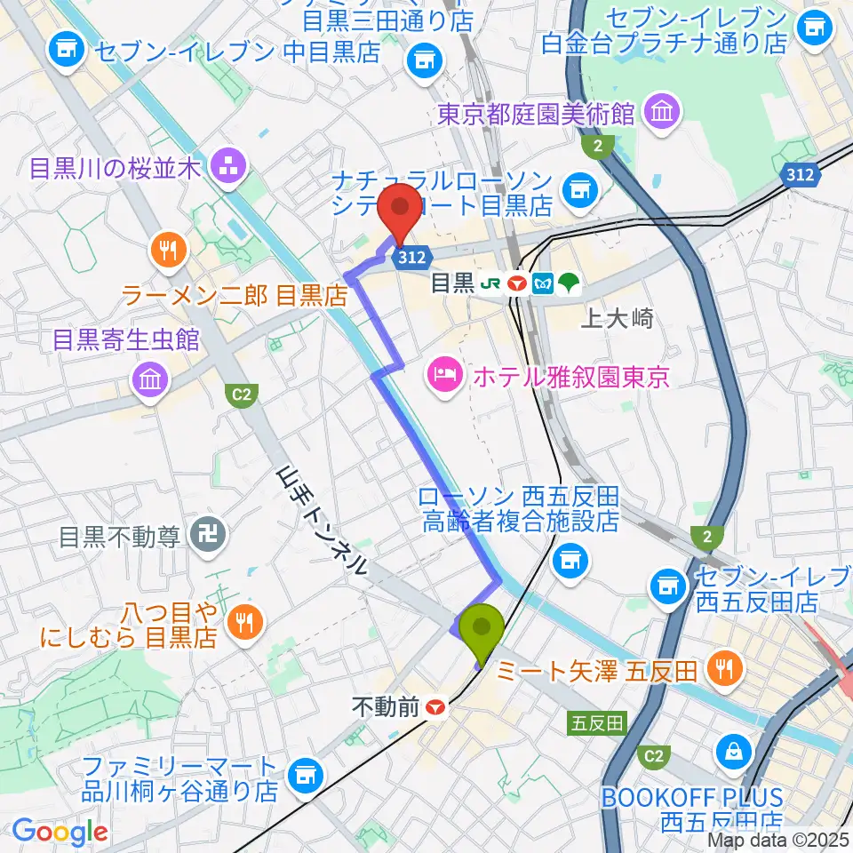 不動前駅から目黒鹿鳴館へのルートマップ地図