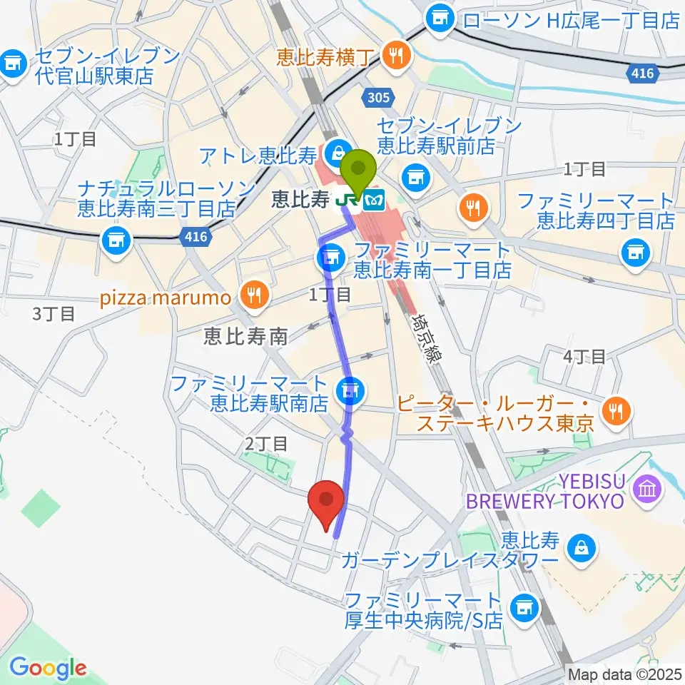 恵比寿ヒルサイドスタジオの最寄駅恵比寿駅からの徒歩ルート（約8分）地図