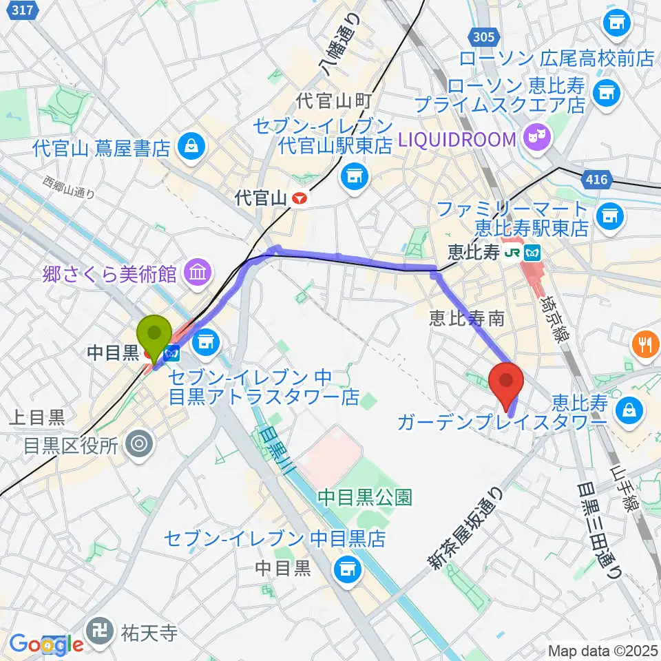中目黒駅から恵比寿ヒルサイドスタジオへのルートマップ地図