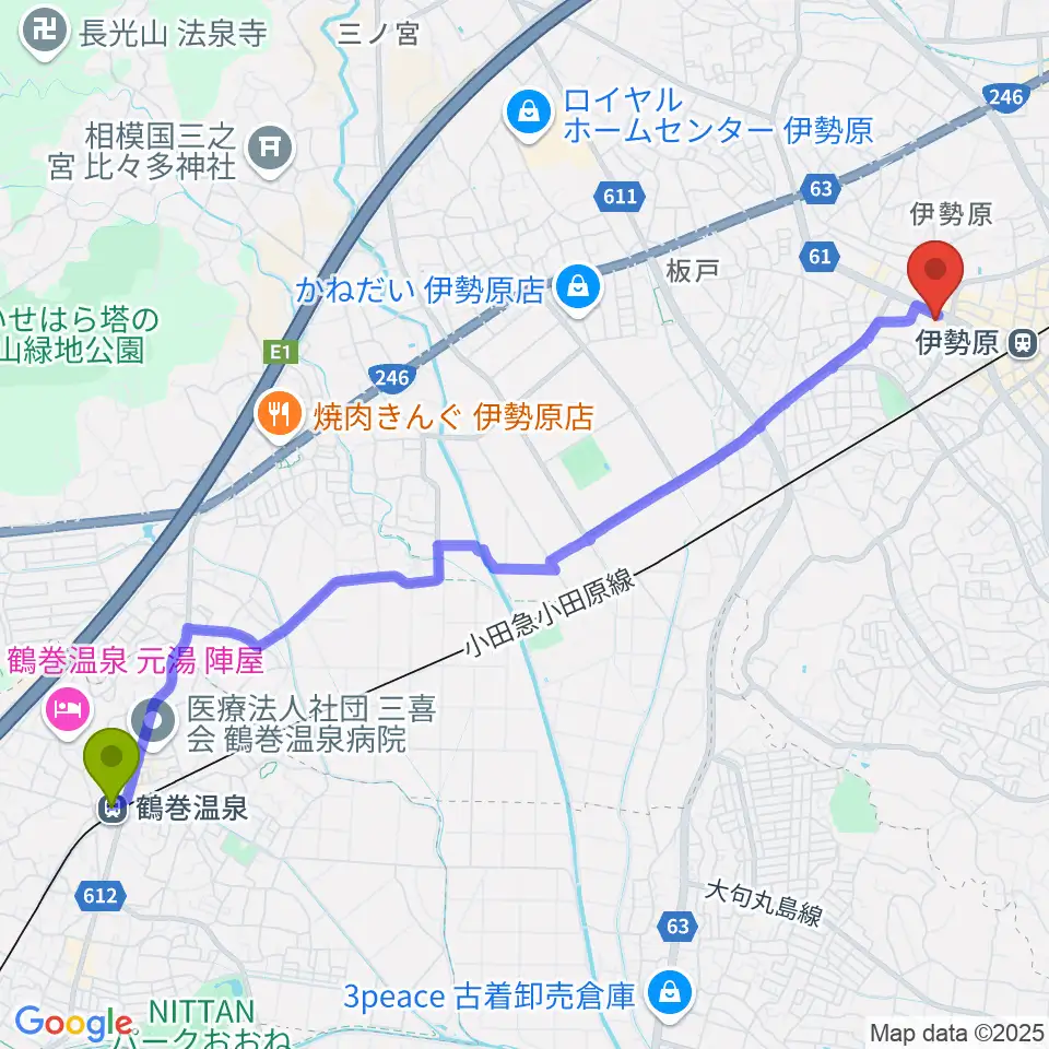 鶴巻温泉駅からBox Plusへのルートマップ地図