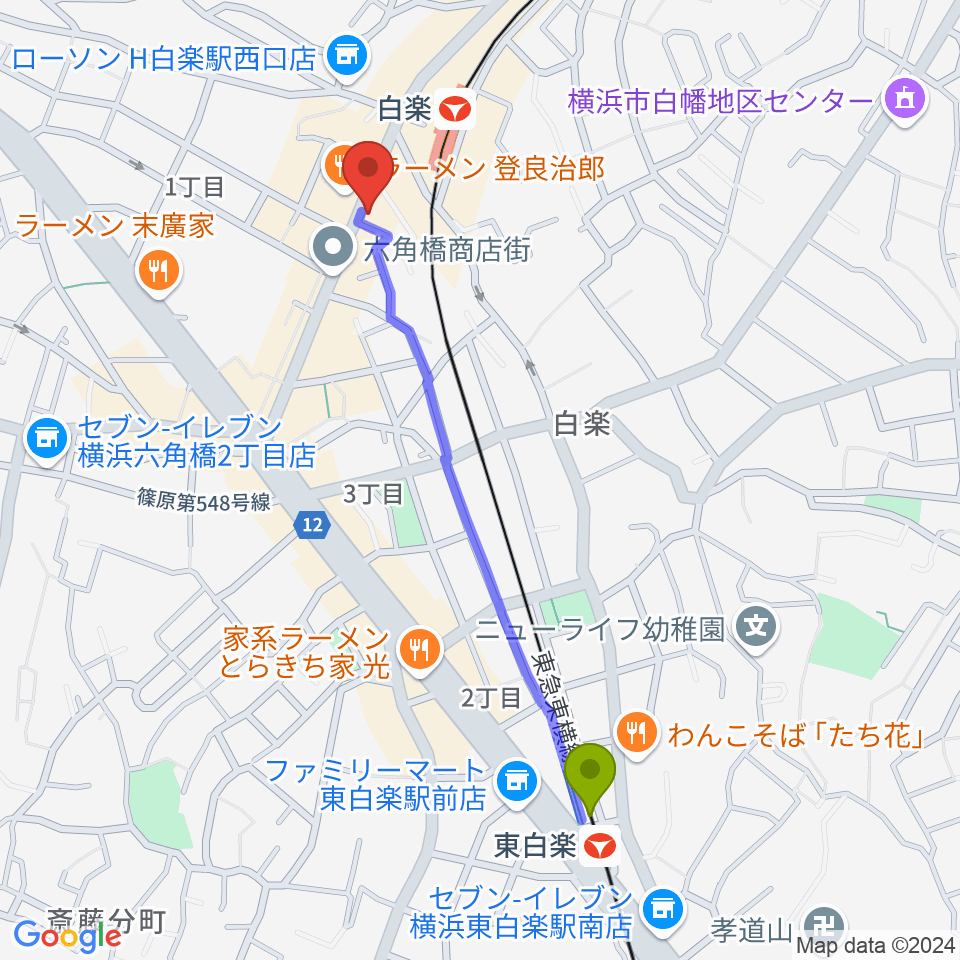 東白楽駅から白楽ナップへのルートマップ地図