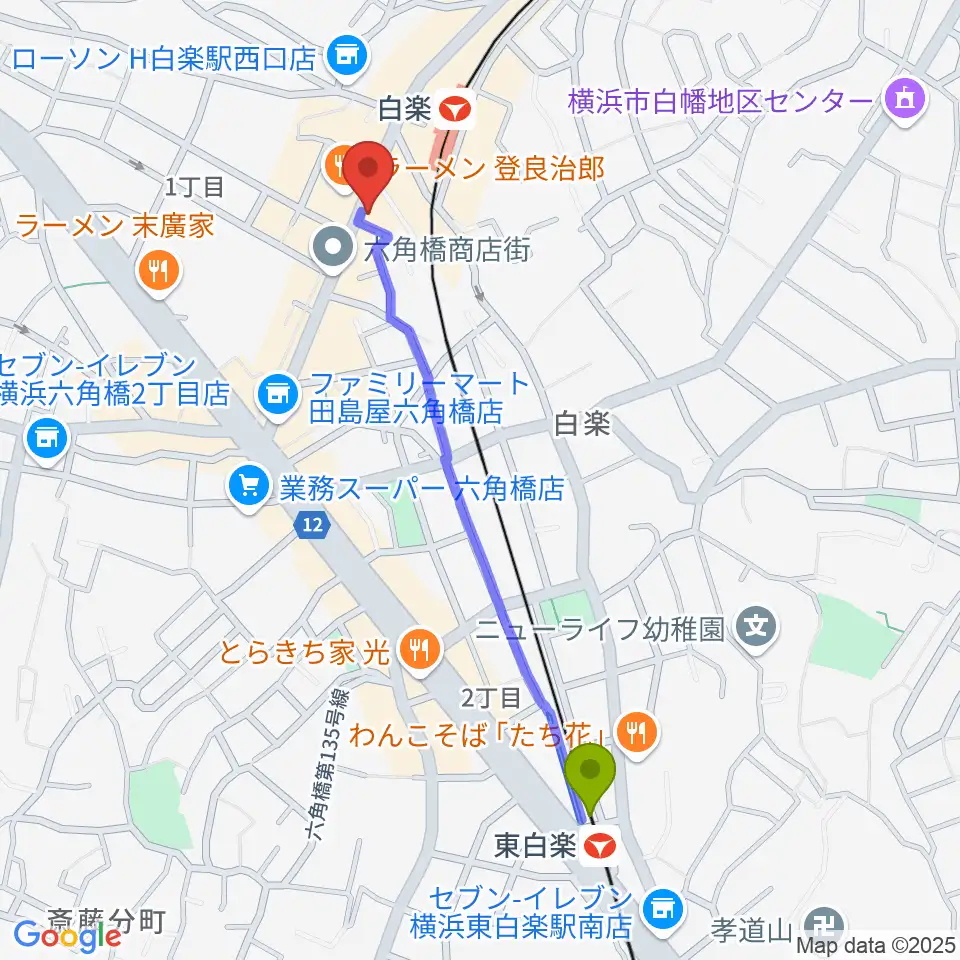 東白楽駅から白楽ナップへのルートマップ地図