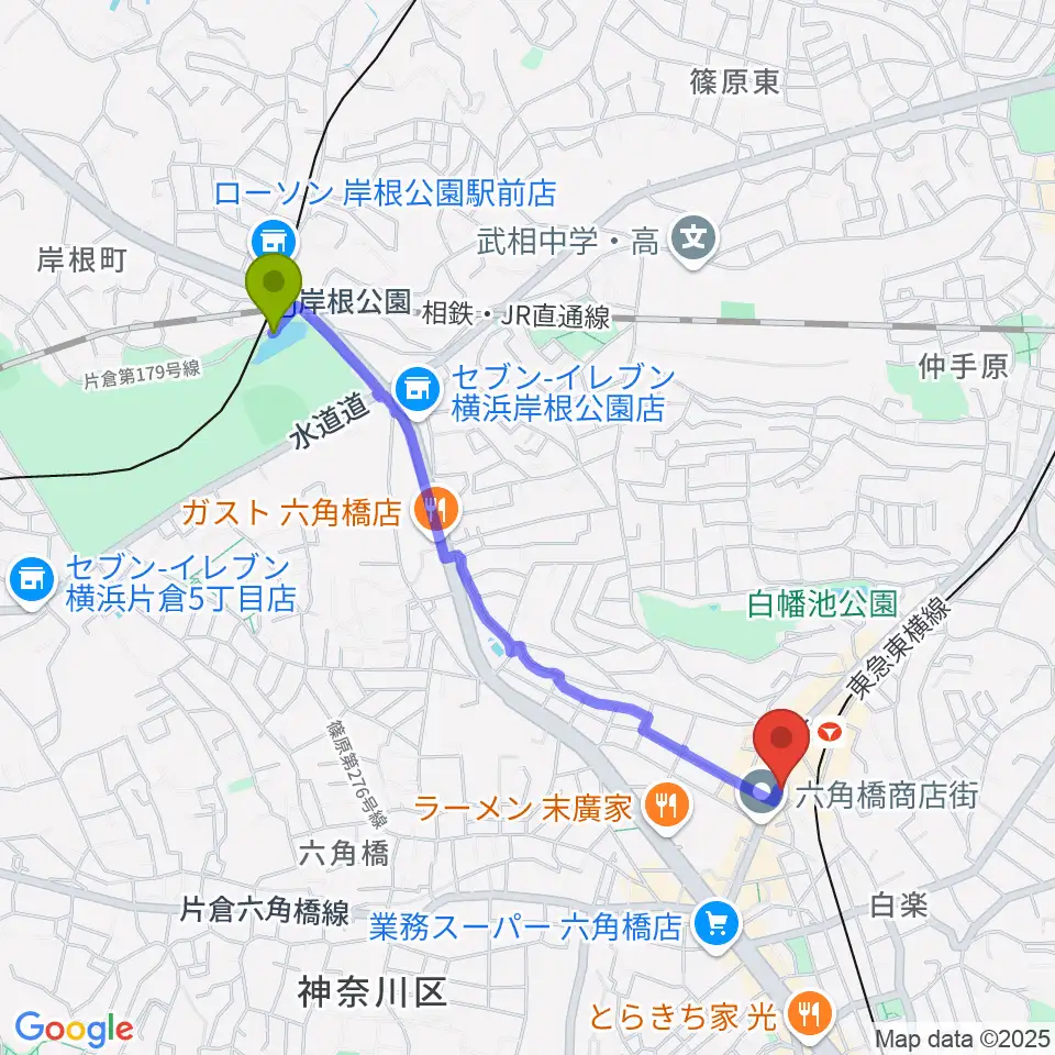 岸根公園駅から白楽ナップへのルートマップ地図