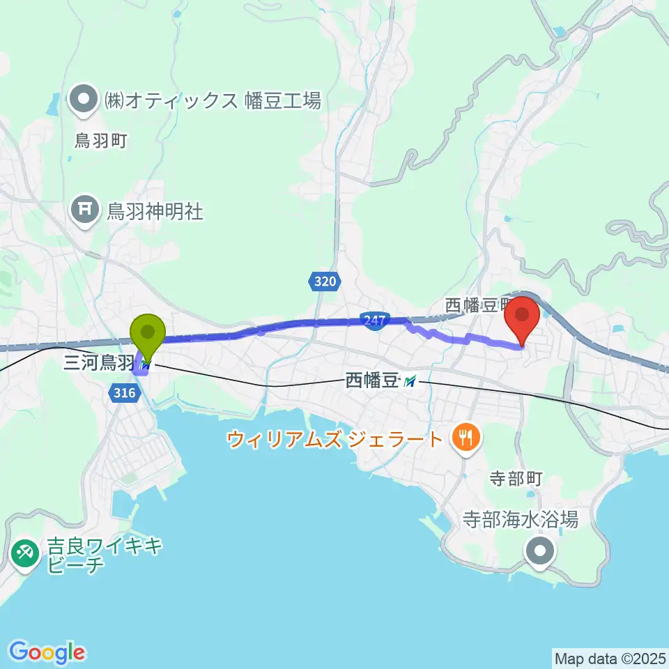 三河鳥羽駅からヴァイアルへのルートマップ地図