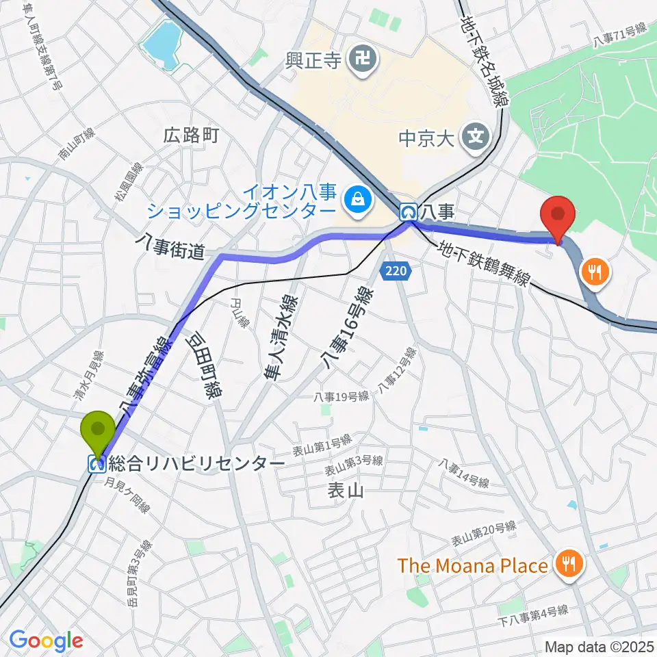 総合リハビリセンター駅からR'STUDIO YAGOTOへのルートマップ地図