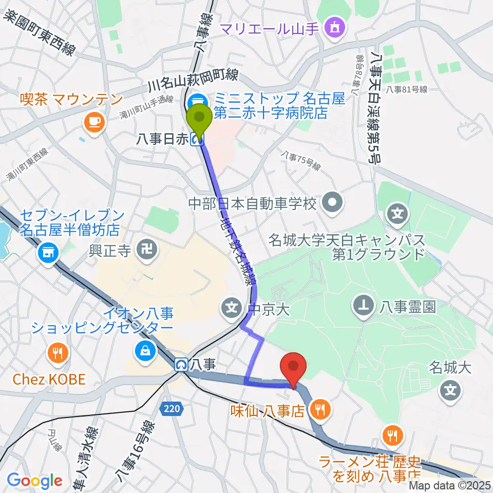 八事日赤駅からR'STUDIO YAGOTOへのルートマップ地図