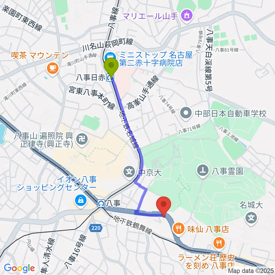 八事日赤駅からR'STUDIO YAGOTOへのルートマップ地図