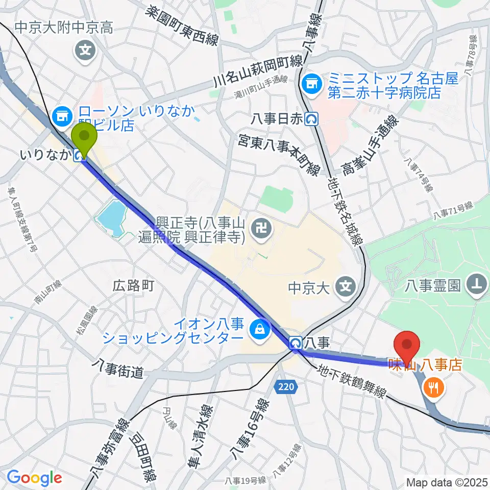 いりなか駅からR'STUDIO YAGOTOへのルートマップ地図