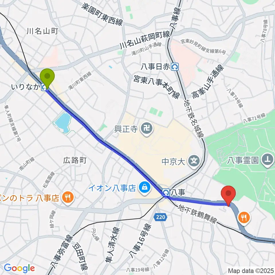 いりなか駅からR'STUDIO YAGOTOへのルートマップ地図