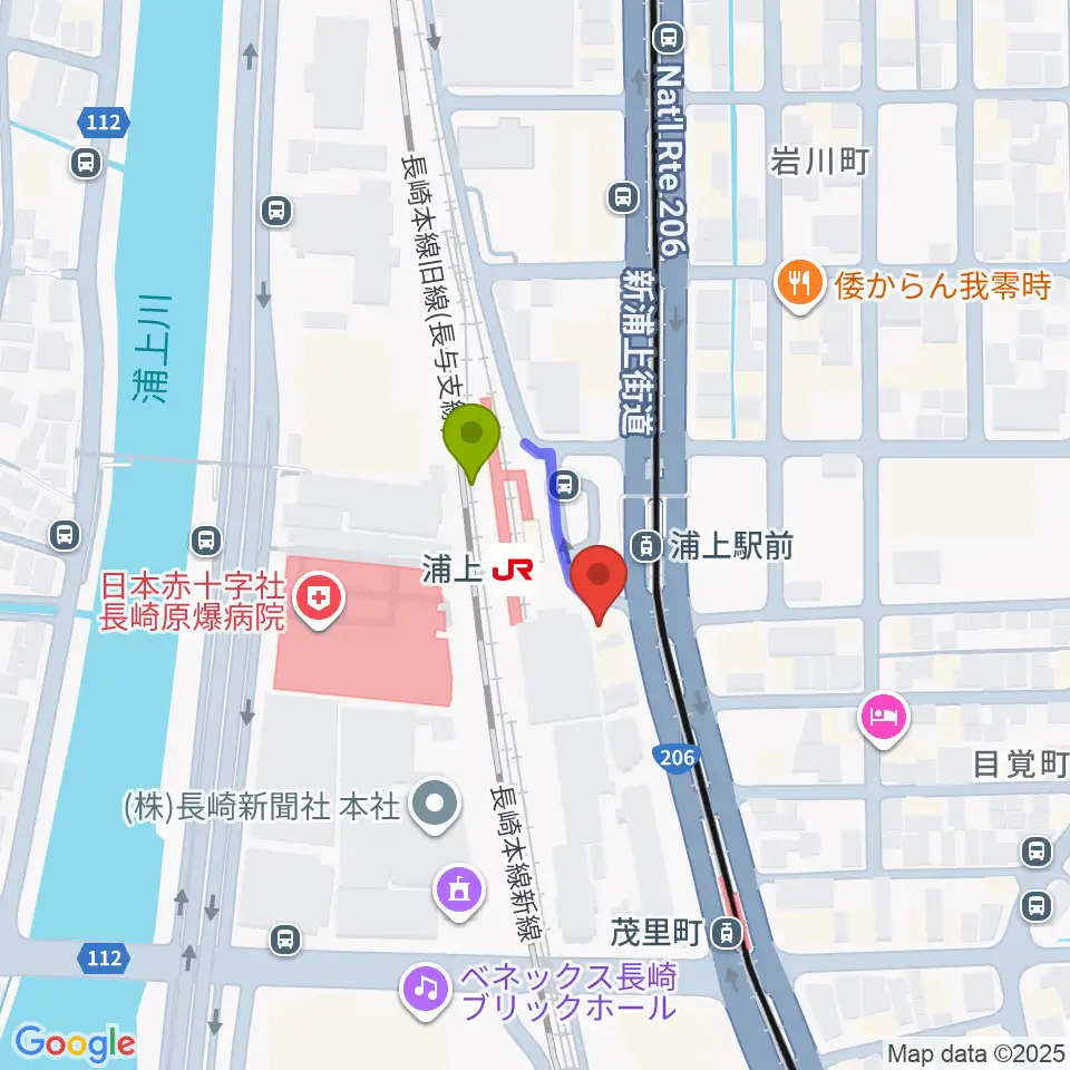 アノミュージックハウスの最寄駅浦上駅からの徒歩ルート（約1分）地図