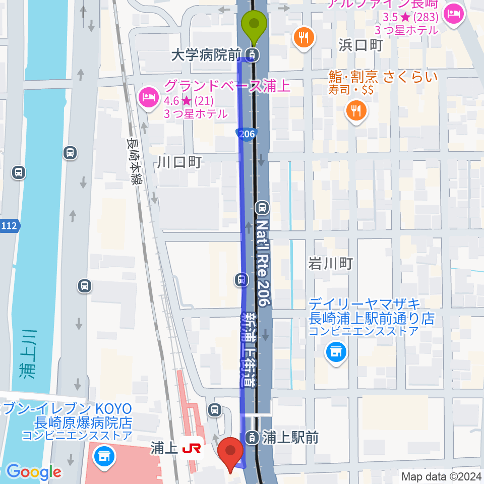 大学病院駅からアノミュージックハウスへのルートマップ地図