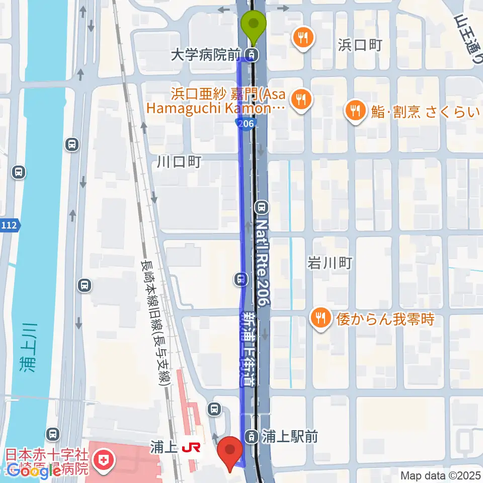 大学病院駅からアノミュージックハウスへのルートマップ地図