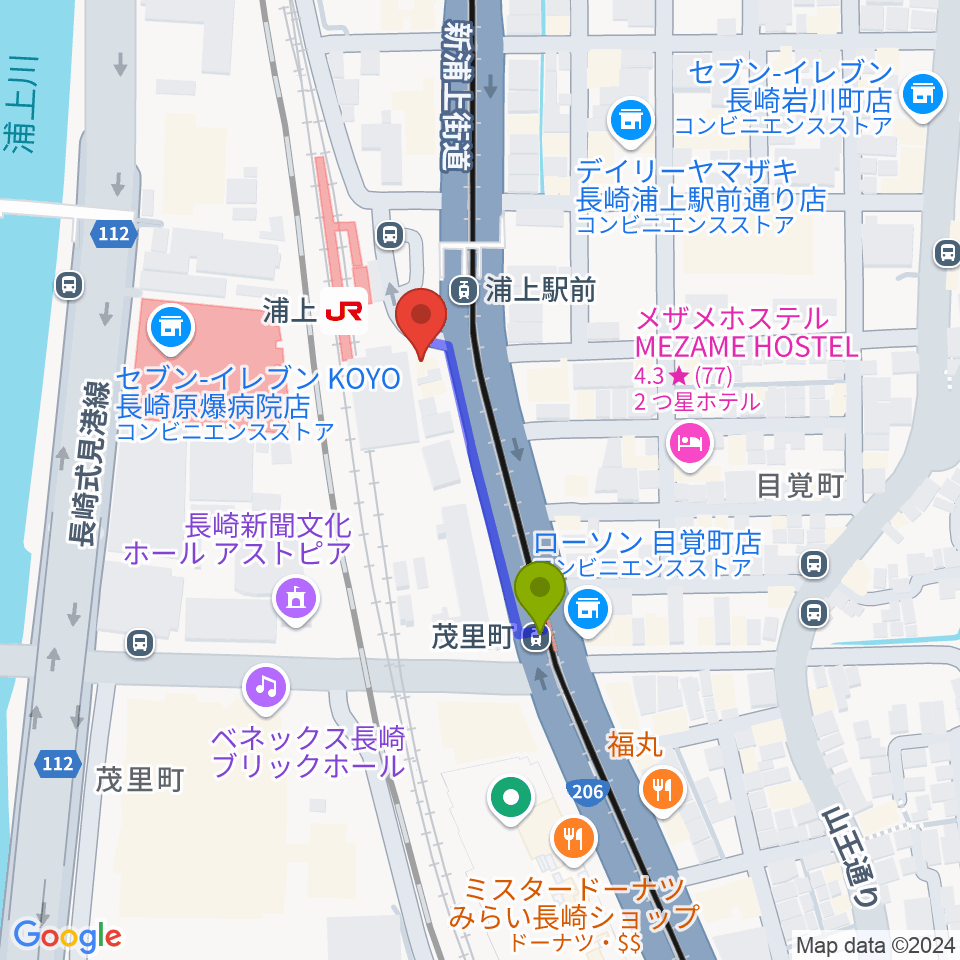 茂里町駅からアノミュージックハウスへのルートマップ地図