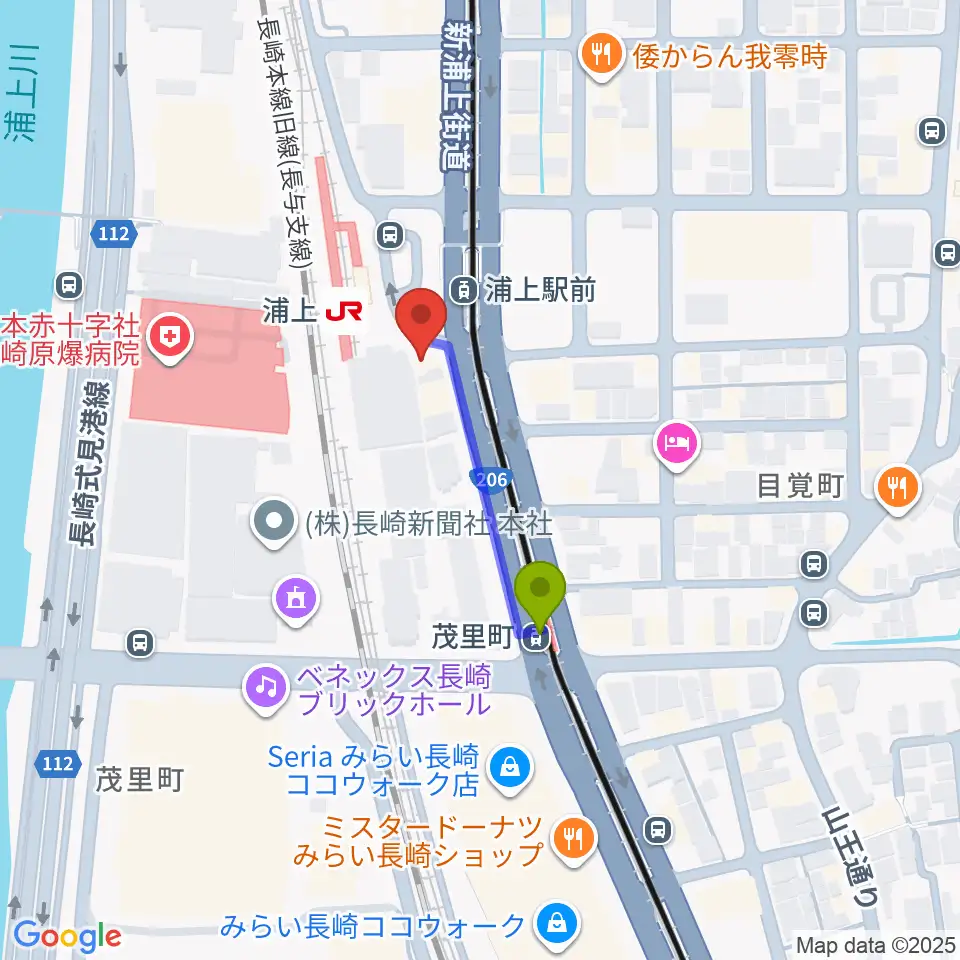 茂里町駅からアノミュージックハウスへのルートマップ地図