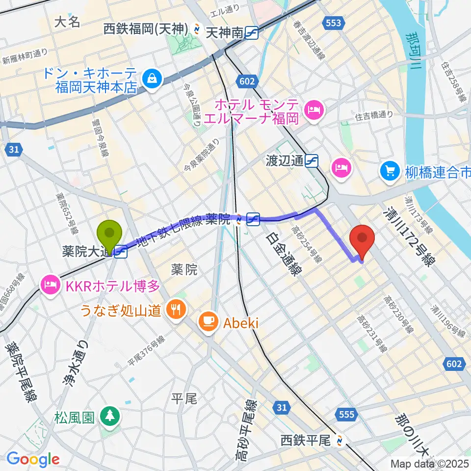 薬院大通駅からワンナイン・サウンドプロデュースへのルートマップ地図