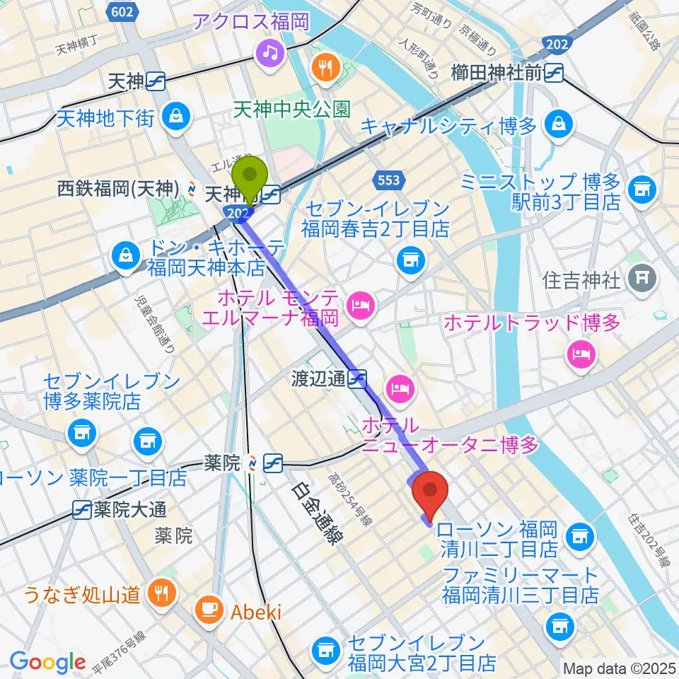 天神南駅からワンナイン・サウンドプロデュースへのルートマップ地図