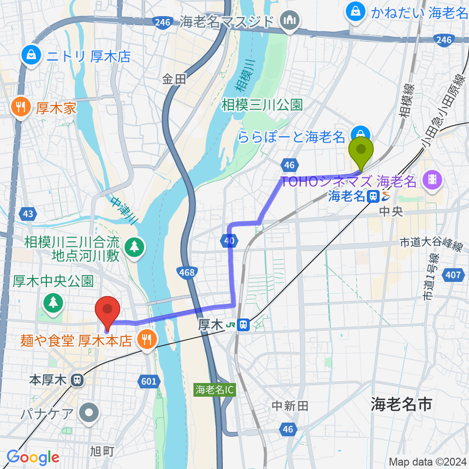 海老名駅からSEAL MUSIC SCHOOLへのルートマップ地図