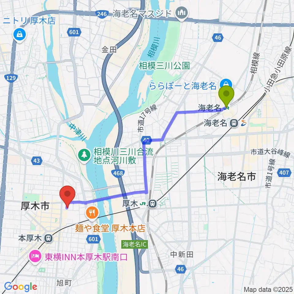 海老名駅からSEAL MUSIC SCHOOLへのルートマップ地図