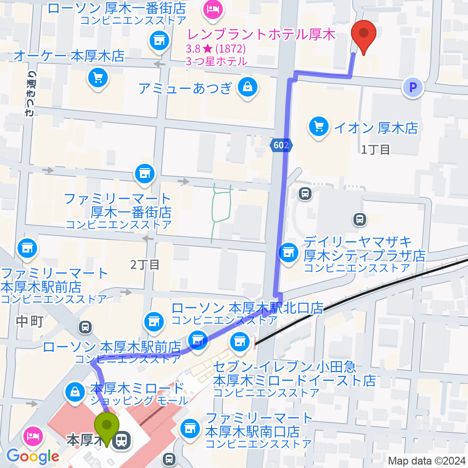 SEAL MUSIC SCHOOLの最寄駅本厚木駅からの徒歩ルート（約8分）地図