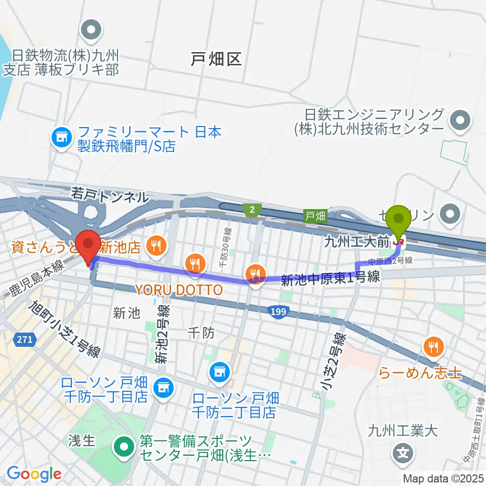 九州工大前駅からスタジオ アビーロード戸畑店へのルートマップ地図