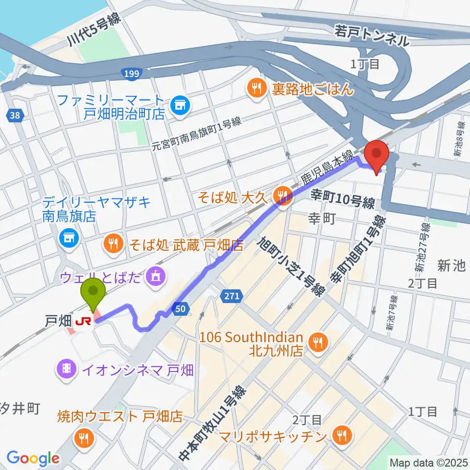 スタジオ アビーロード戸畑店の最寄駅戸畑駅からの徒歩ルート（約11分）地図