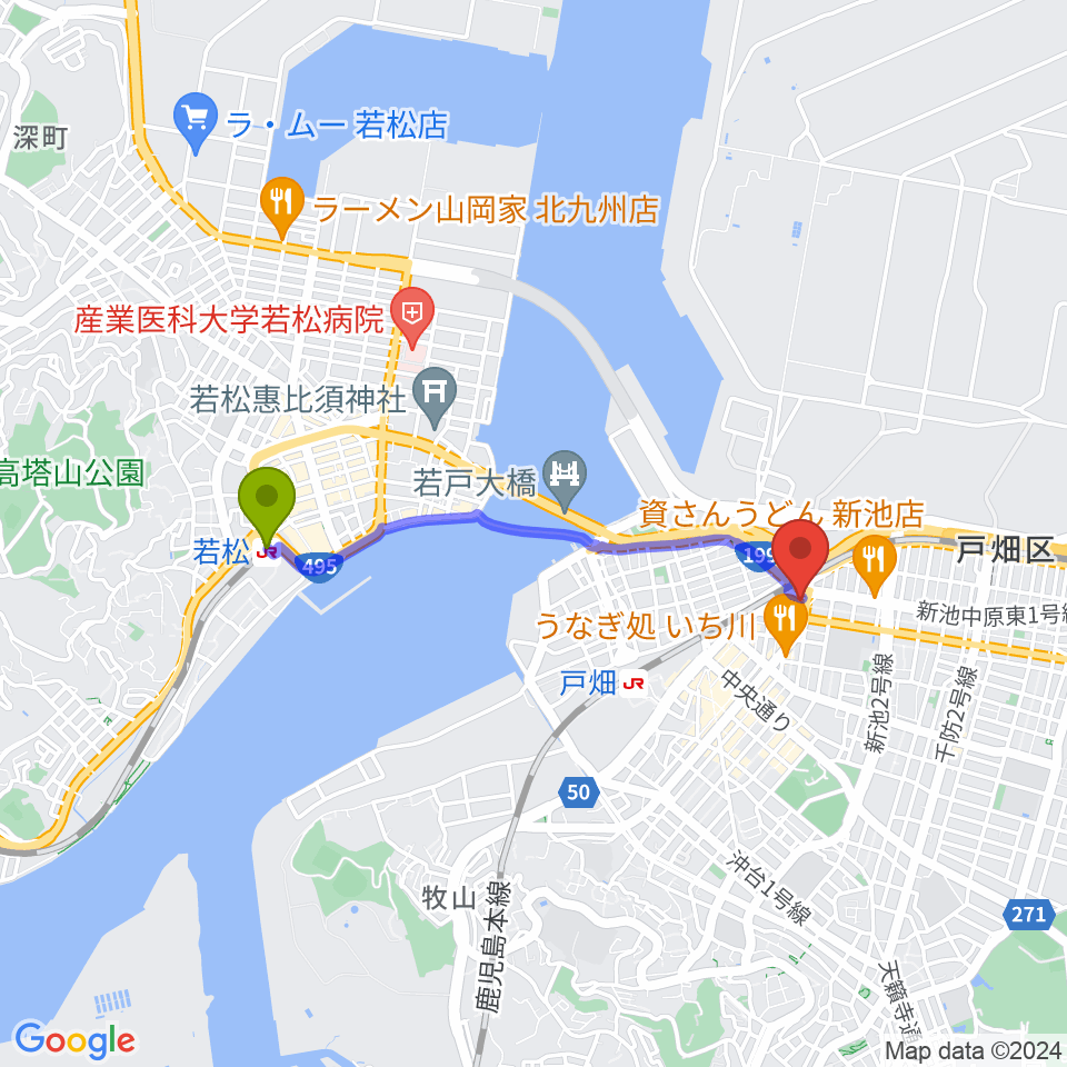 若松駅からスタジオ アビーロード戸畑店へのルートマップ地図